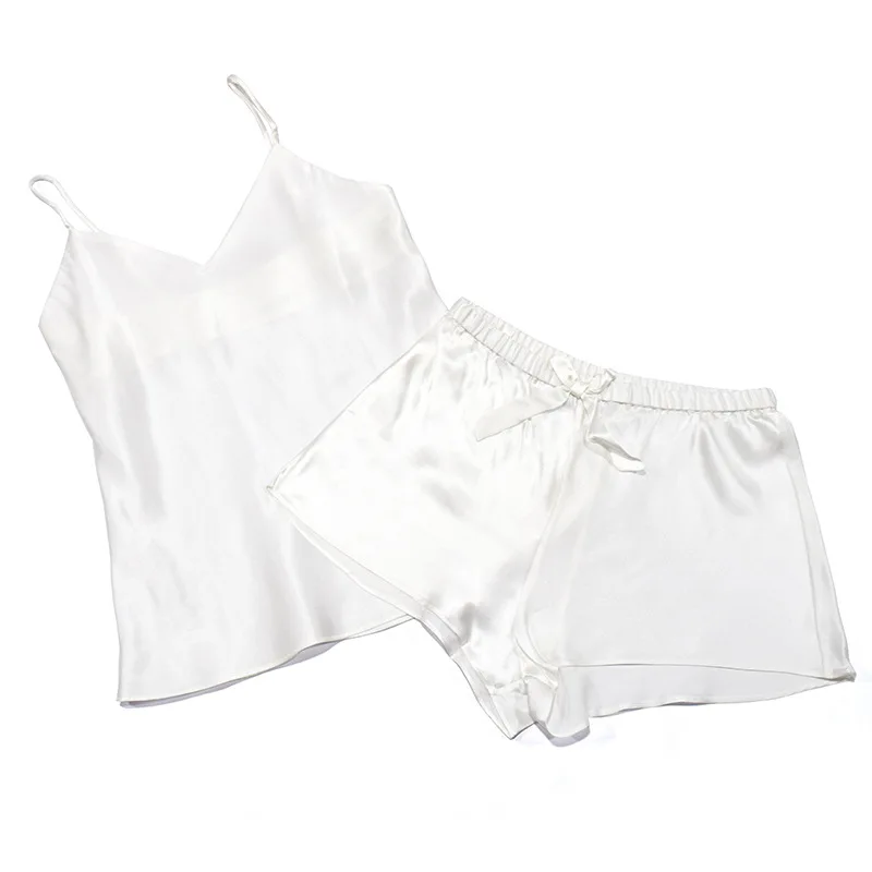 Pijama de seda de morera para mujer, conjunto de dos piezas, Sexy, fresco, servicio a domicilio, pantalones cortos de verano, calidad 100%, 6A