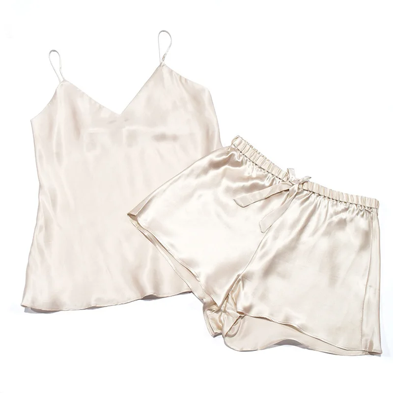 Pijama de seda de morera para mujer, conjunto de dos piezas, Sexy, fresco, servicio a domicilio, pantalones cortos de verano, calidad 100%, 6A