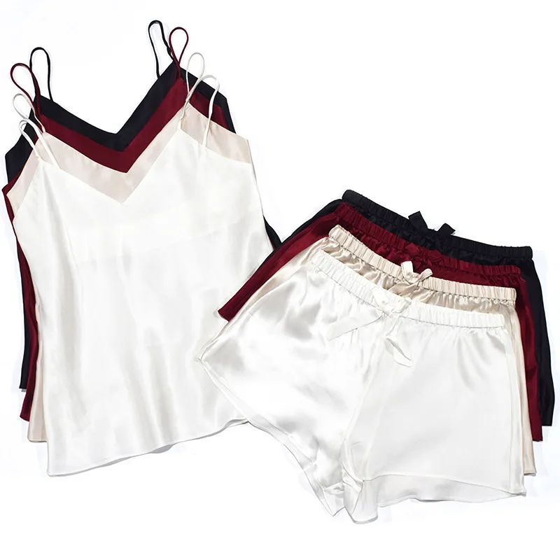 Pijama de seda de morera para mujer, conjunto de dos piezas, Sexy, fresco, servicio a domicilio, pantalones cortos de verano, calidad 100%, 6A