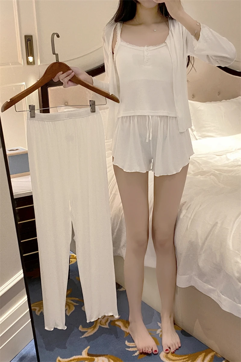 Ropa de dormir Sexy de Modal puro para mujer, conjunto de pantalones largos con cuello en V, ropa para el hogar, estilo prima...