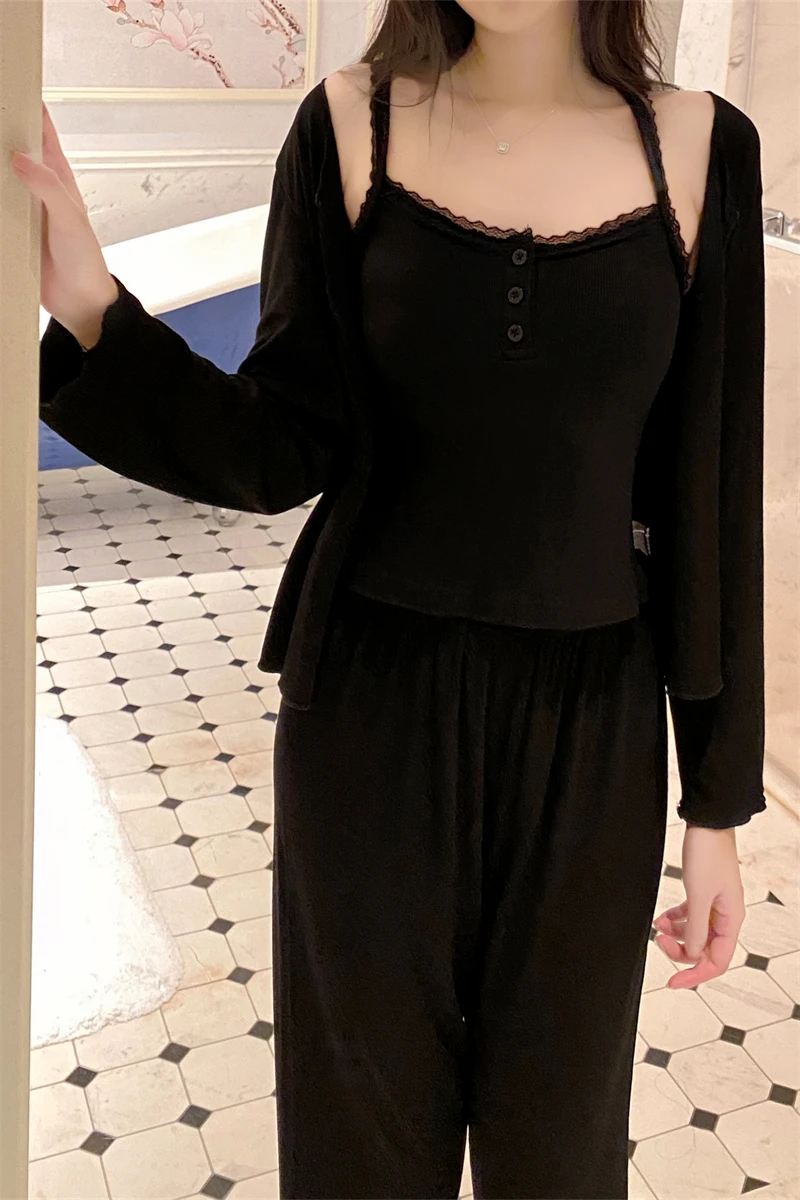 Ropa de dormir Sexy de Modal puro para mujer, conjunto de pantalones largos con cuello en V, ropa para el hogar, estilo prima...
