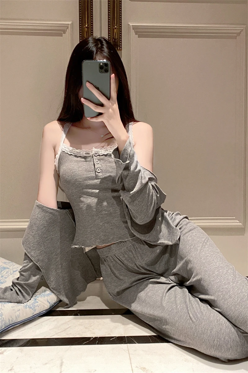 Ropa de dormir Sexy de Modal puro para mujer, conjunto de pantalones largos con cuello en V, ropa para el hogar, estilo prima...