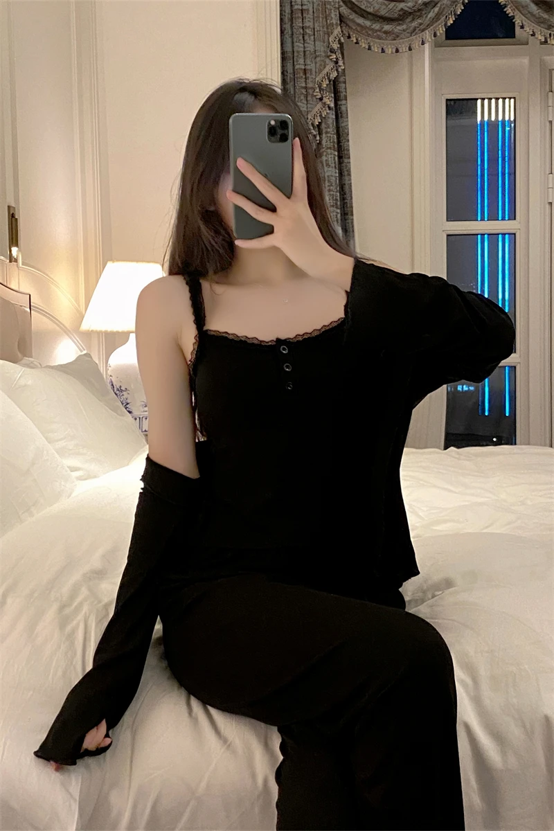 Ropa de dormir Sexy de Modal puro para mujer, conjunto de pantalones largos con cuello en V, ropa para el hogar, estilo prima...