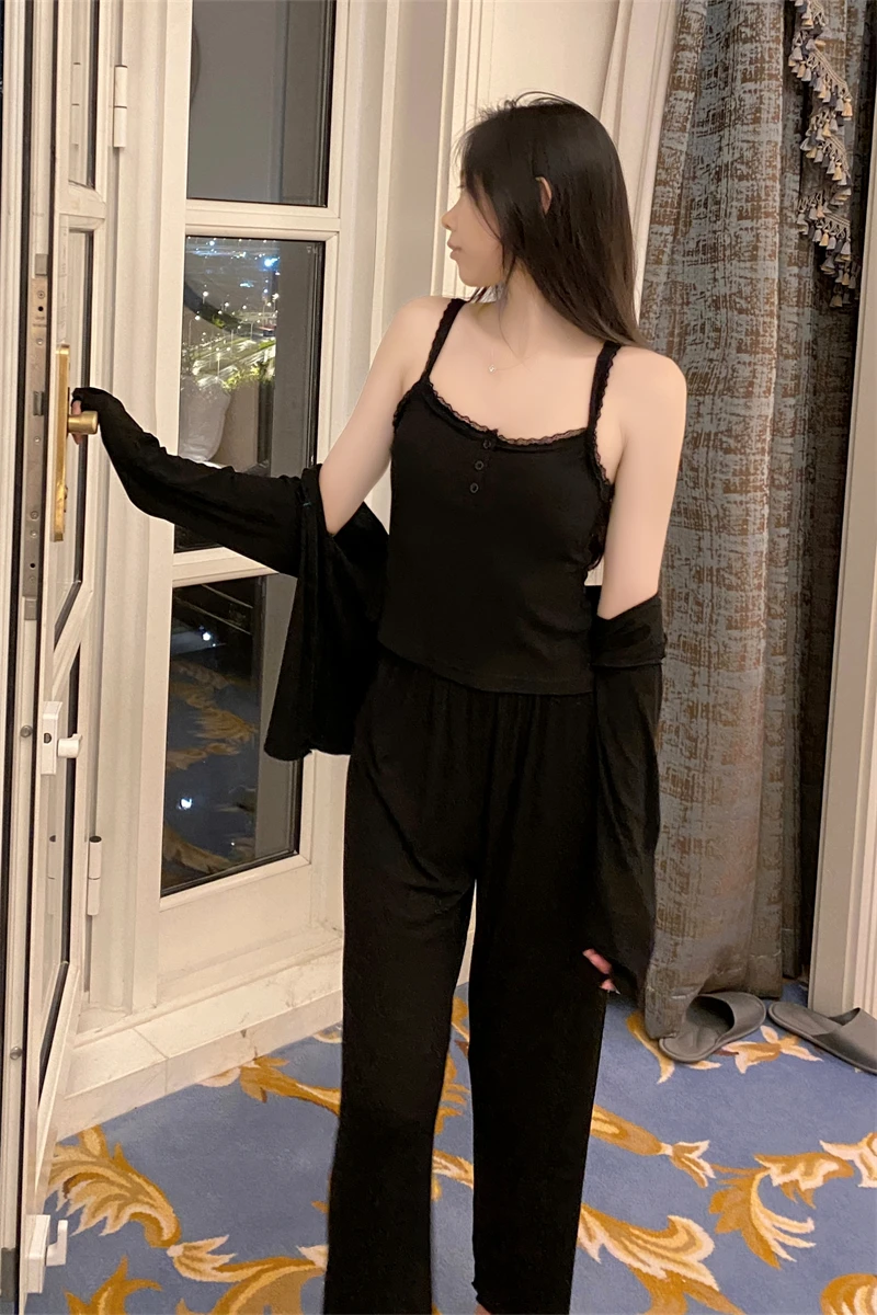 Ropa de dormir Sexy de Modal puro para mujer, conjunto de pantalones largos con cuello en V, ropa para el hogar, estilo prima...