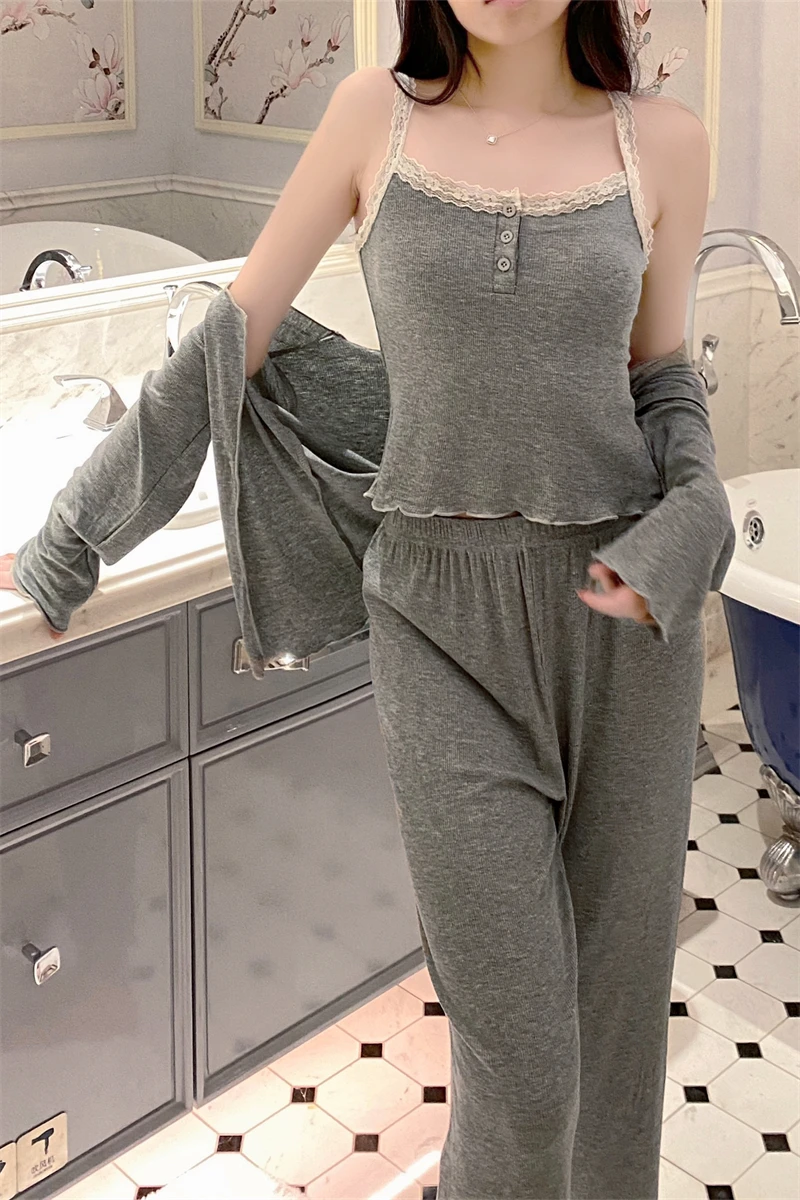 Ropa de dormir Sexy de Modal puro para mujer, conjunto de pantalones largos con cuello en V, ropa para el hogar, estilo prima...