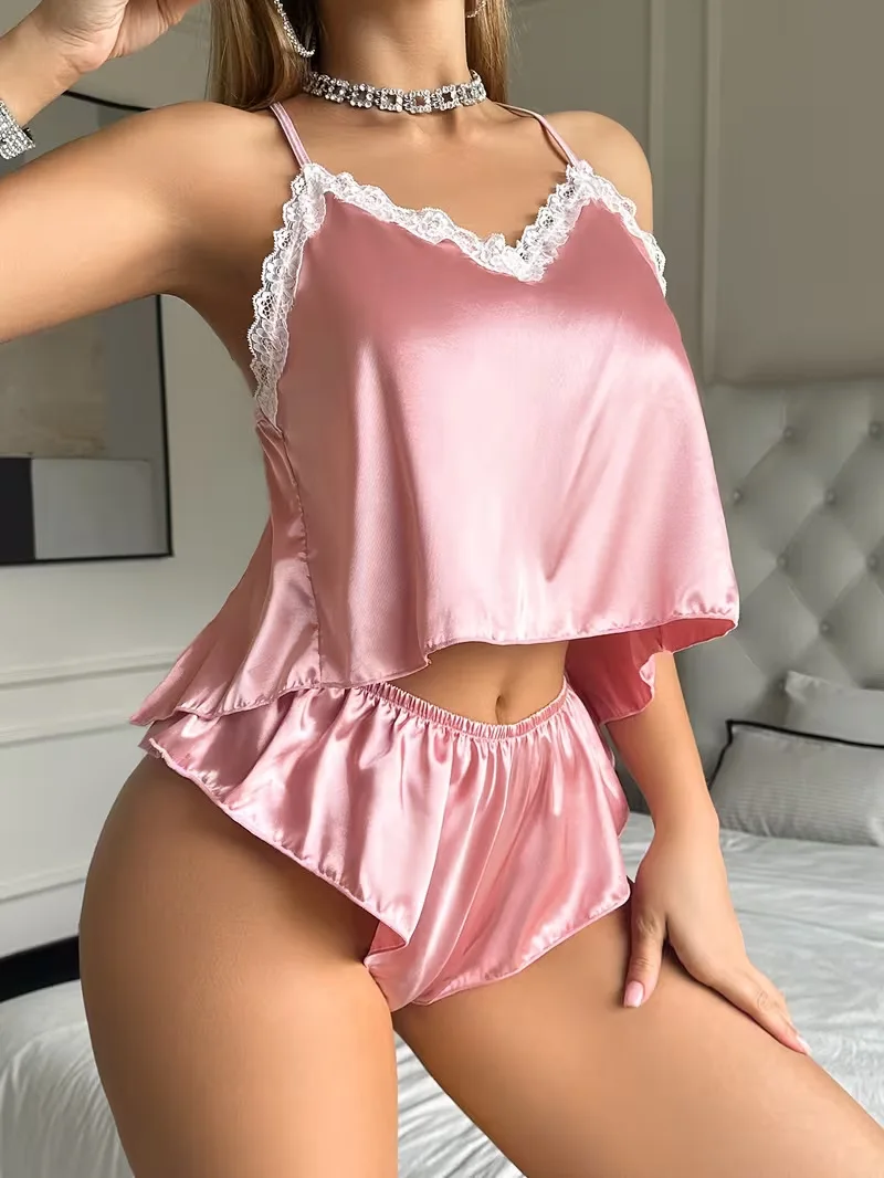 Conjunto de ropa de dormir de 2 piezas para mujer con encaje y acabado satinado
