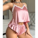 Conjunto de ropa de dormir de 2 piezas para mujer con encaje y acabado satinado