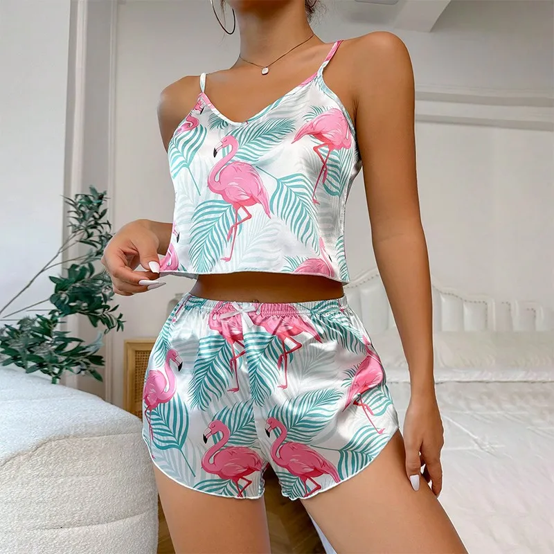 Conjunto de Pijama Sexy para Mujer con Cuello en V y Estampado de Corazones, Satinado, para Verano, Camiseta y Pantalones Cortos, Ropa de Dormir de 2 Piezas