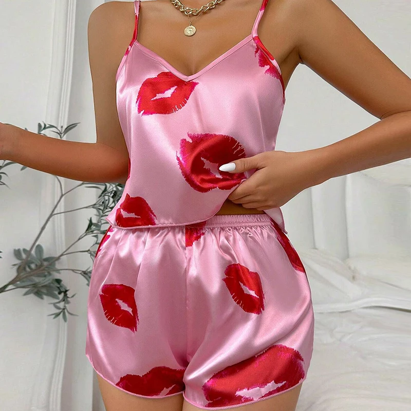 Conjunto de Pijama Sexy para Mujer con Cuello en V y Estampado de Corazones, Satinado, para Verano, Camiseta y Pantalones Cortos, Ropa de Dormir de 2 Piezas