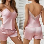 Conjunto de ropa de dormir para mujer con acabado satinado y escote en V