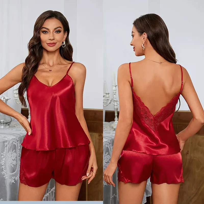 Conjunto de ropa de dormir para mujer con acabado satinado y escote en V