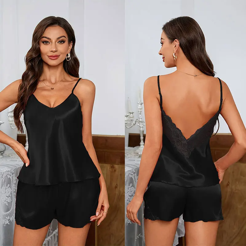 Conjunto de ropa de dormir para mujer con acabado satinado y escote en V