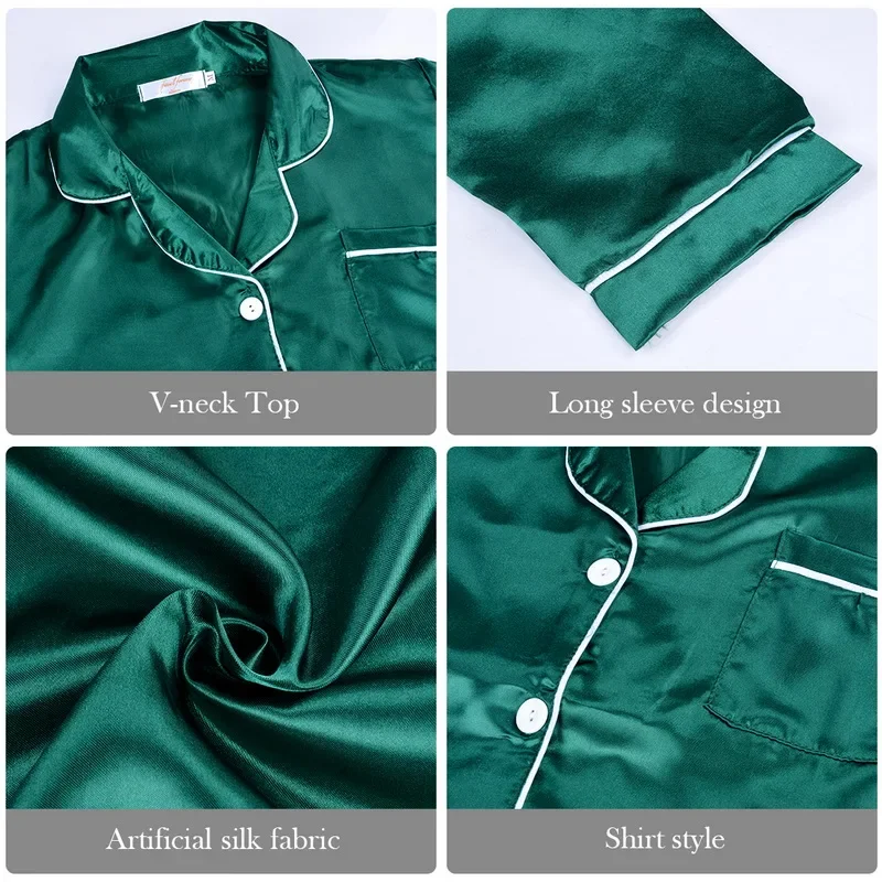 Conjunto de ropa de dormir de 2 piezas para mujer con acabado satinado y de manga larga