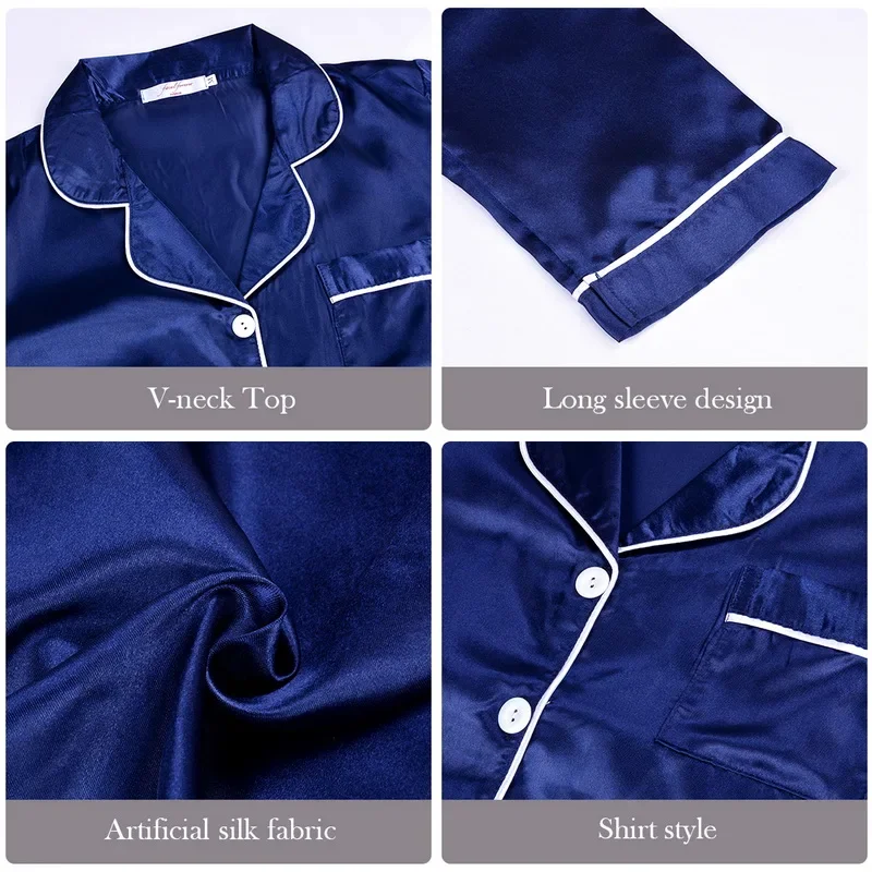 Conjunto de ropa de dormir de 2 piezas para mujer con acabado satinado y de manga larga