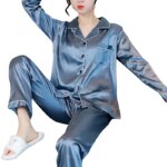 Conjunto de ropa de dormir de 2 piezas para mujer con acabado satinado y de manga larga - Imagen 3