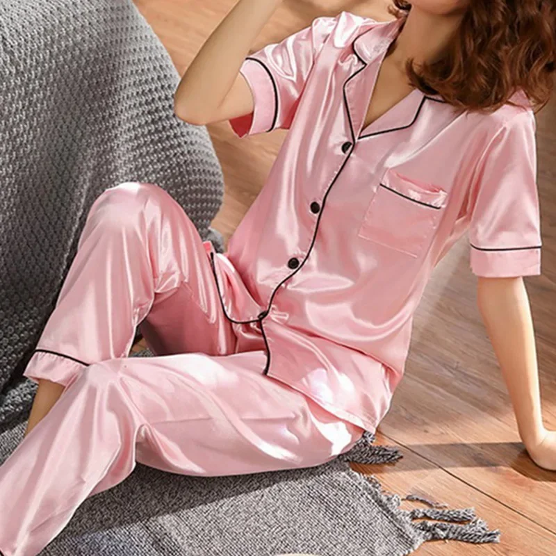 Conjunto de ropa de dormir de 2 piezas para mujer con acabado satinado y de manga larga