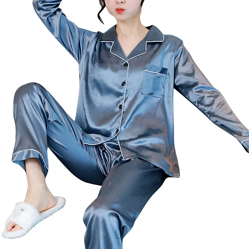 Conjunto de ropa de dormir de 2 piezas para mujer con acabado satinado y de manga larga