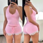 Conjunto de ropa de dormir de 2 piezas para mujer con encaje y sin mangas