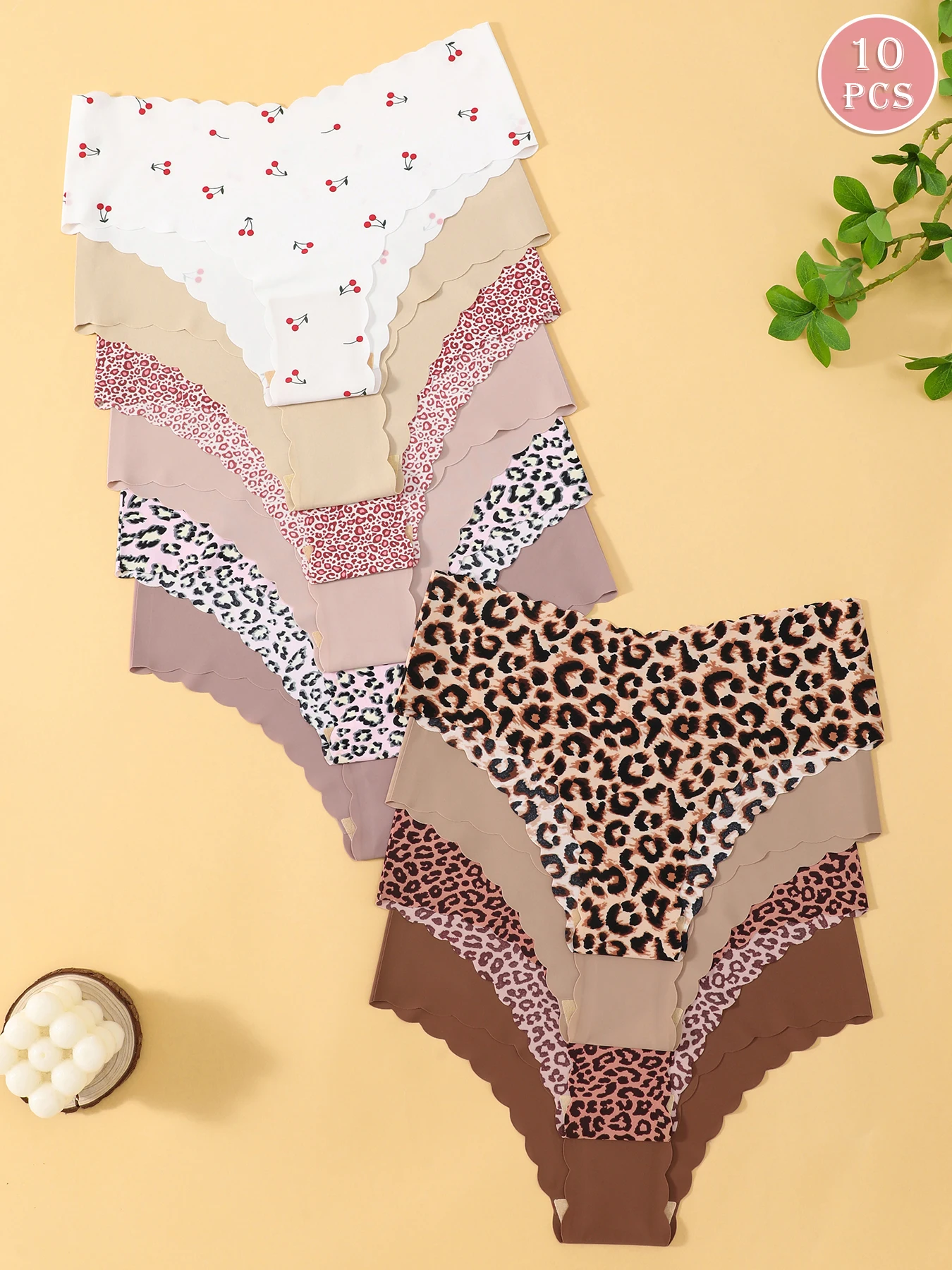 10 Uds. Bragas triangulares sexis de tela suave y cómoda transpirable con borde ondulado sin costuras para mujer