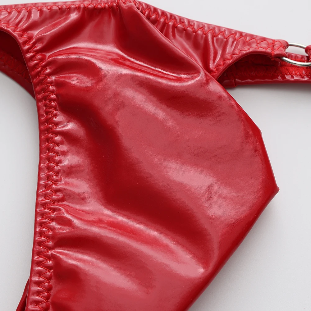 Tangas de cuero sintético brillante y atractivas para hombre, con diseño de refuerzo en la parte delantera, corte en forma de T, cintura baja, ropa interior erótica, calzoncillos de estilo «sissy».