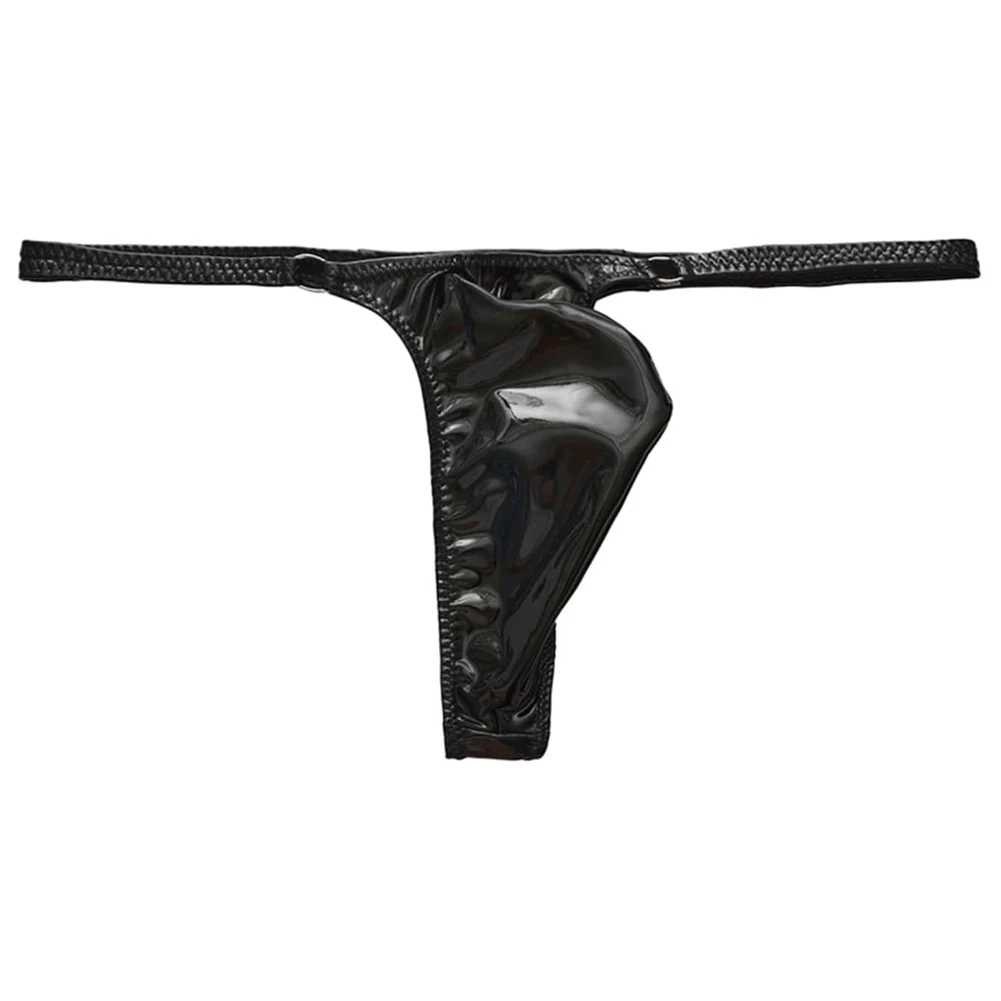 Tangas de cuero sintético brillante y atractivas para hombre, con diseño de refuerzo en la parte delantera, corte en forma de T, cintura baja, ropa interior erótica, calzoncillos de estilo «sissy».
