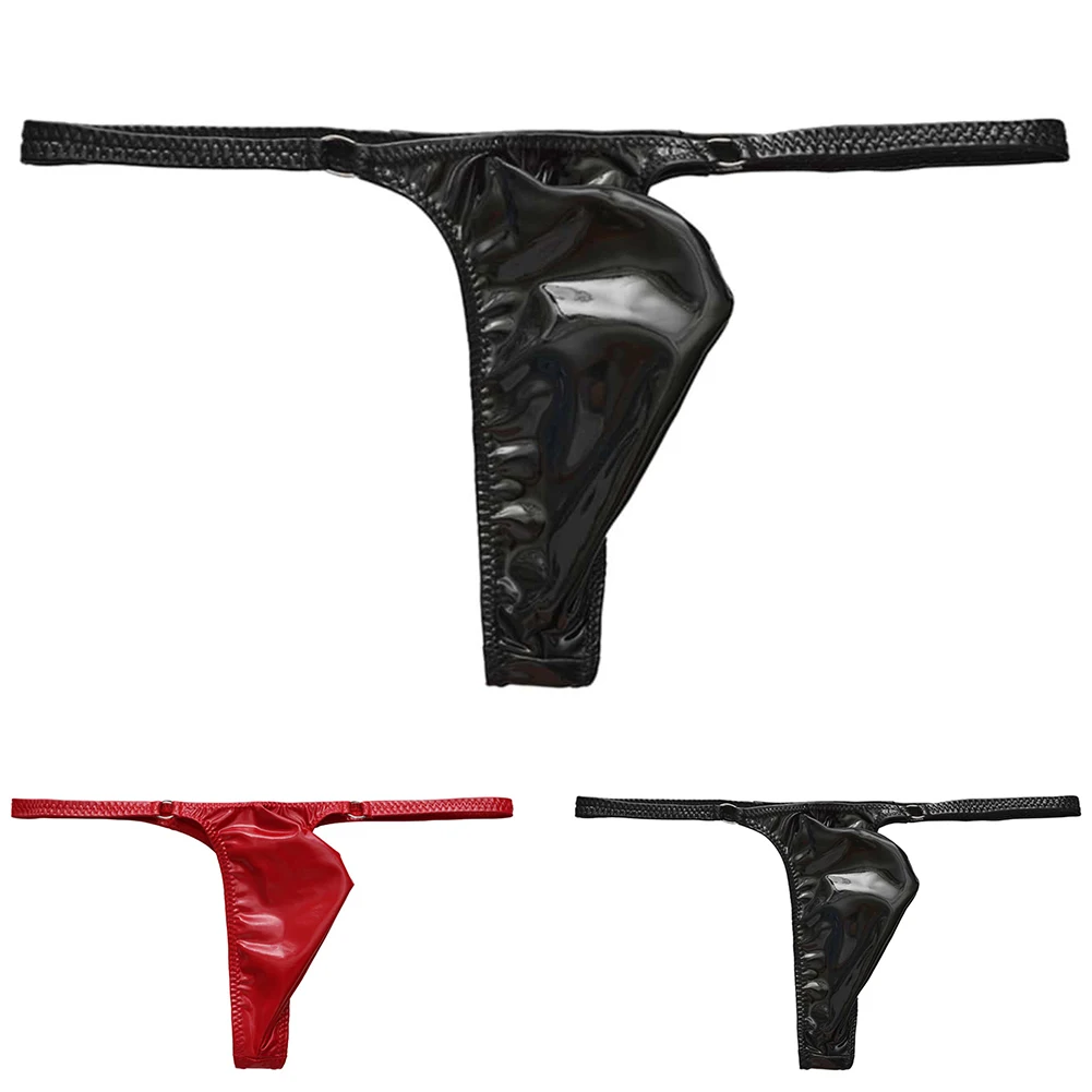 Tangas de cuero sintético brillante y atractivas para hombre, con diseño de refuerzo en la parte delantera, corte en forma de T, cintura baja, ropa interior erótica, calzoncillos de estilo «sissy».