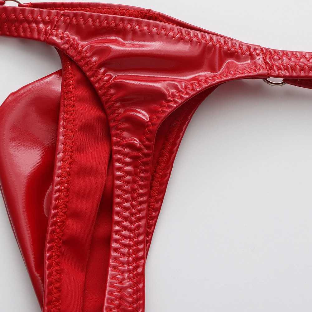 Tangas de cuero sintético brillante y atractivas para hombre, con diseño de refuerzo en la parte delantera, corte en forma de T, cintura baja, ropa interior erótica, calzoncillos de estilo «sissy».