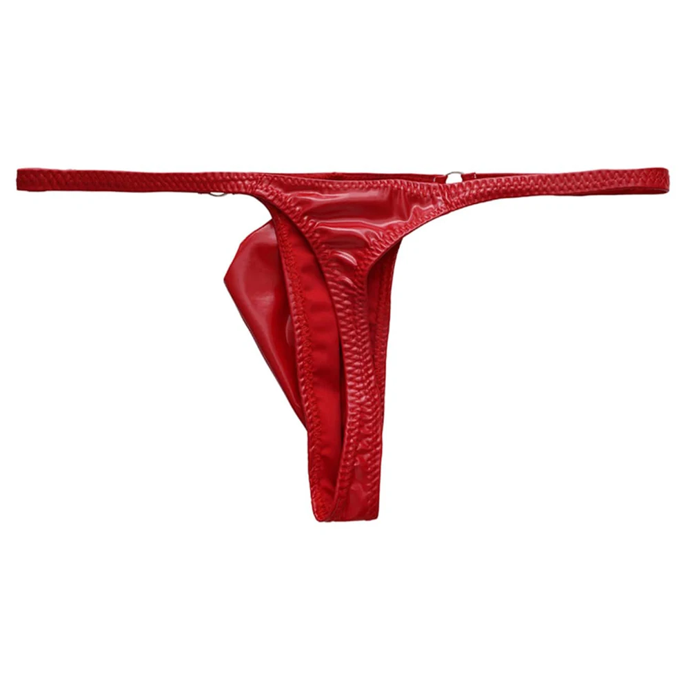 Tangas de cuero sintético brillante y atractivas para hombre, con diseño de refuerzo en la parte delantera, corte en forma de T, cintura baja, ropa interior erótica, calzoncillos de estilo «sissy».