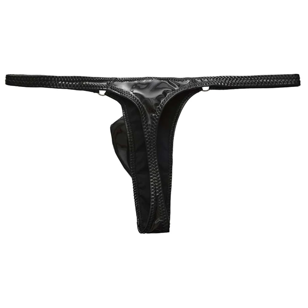 Tangas de cuero sintético brillante y atractivas para hombre, con diseño de refuerzo en la parte delantera, corte en forma de T, cintura baja, ropa interior erótica, calzoncillos de estilo «sissy».
