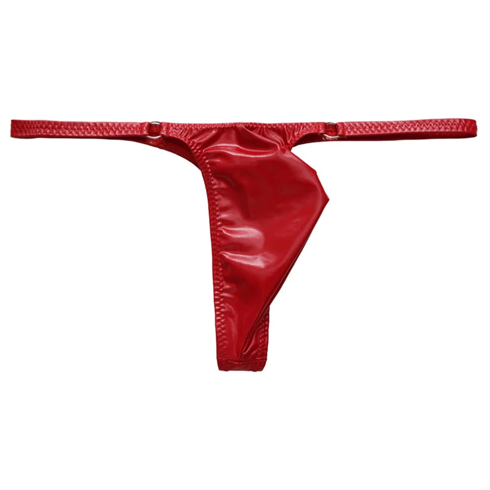 Tangas de cuero sintético brillante y atractivas para hombre, con diseño de refuerzo en la parte delantera, corte en forma de T, cintura baja, ropa interior erótica, calzoncillos de estilo «sissy».