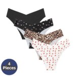BZEL 4PCS/Set Sexy Bikini - Bragas de seda helada sin costuras con estampado de leopardo para mujer, ropa interior femenina de talle bajo, alta elasticidad y suaves.