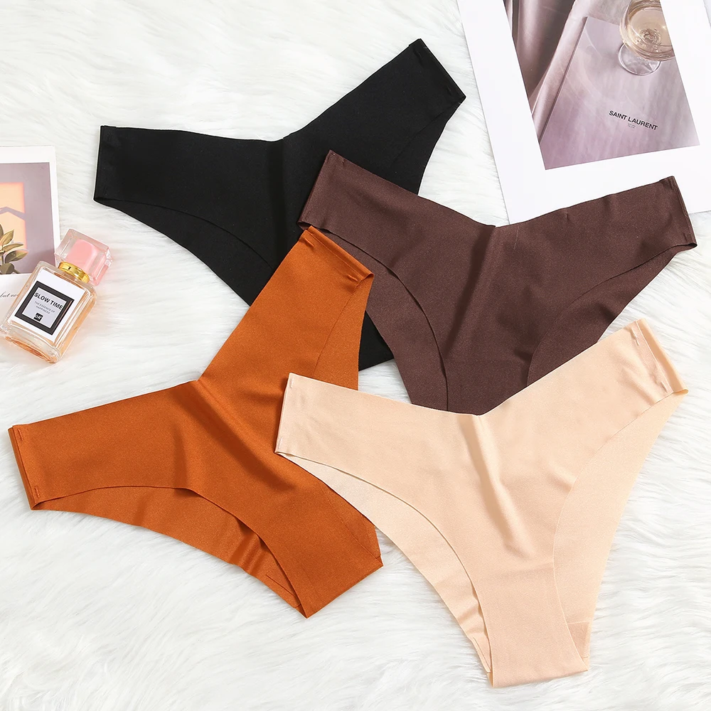 BZEL 4PCS/Set Sexy Bikini - Bragas de seda helada sin costuras con estampado de leopardo para mujer, ropa interior femenina de talle bajo, alta elasticidad y suaves.