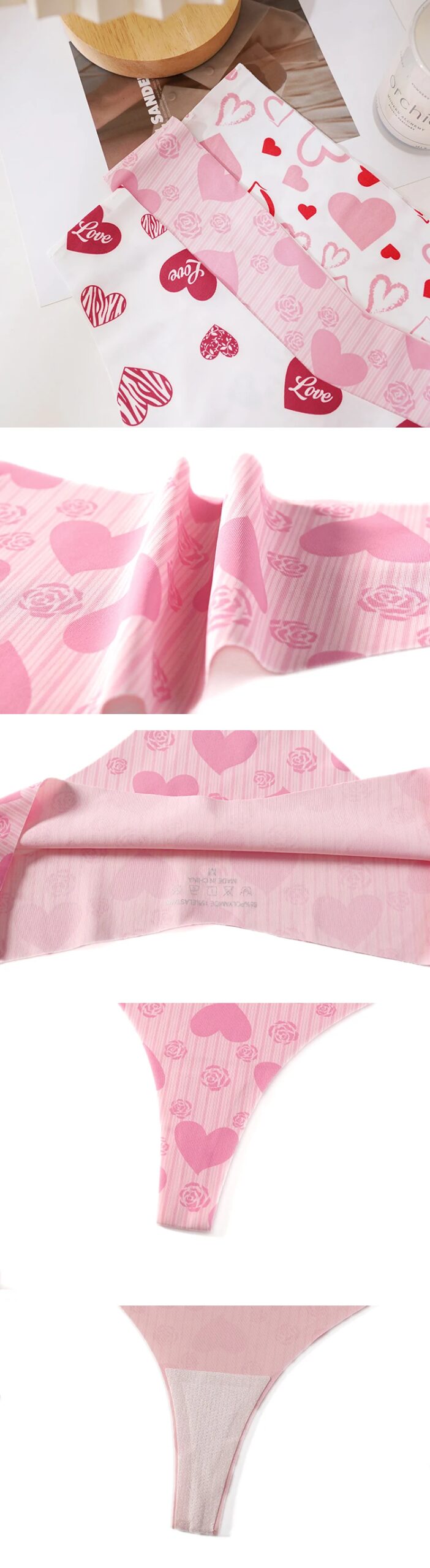 AIVEITE Tanga sin costuras con estampado de corazones para mujer, sexy, de talle bajo, ropa interior suave, transpirable, cómoda, invisible, para uso diario y deportivo
