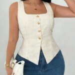Chaleco de punto para mujer, ideal para el verano, sin mangas, con botones dorados, cuello cuadrado, elegante, cómodo, para uso diario, modelo 2026.