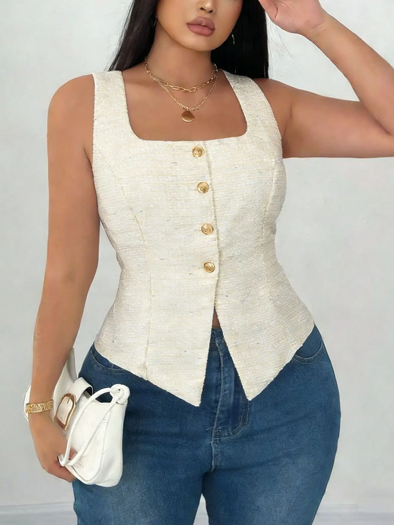 Chaleco de punto para mujer, ideal para el verano, sin mangas, con botones dorados, cuello cuadrado, elegante, cómodo, para uso diario, modelo 2026.