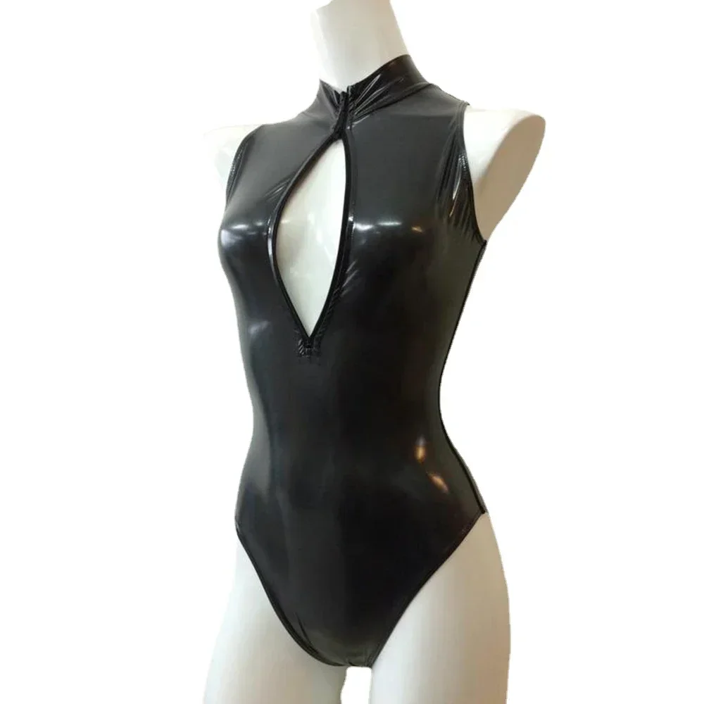 Mono Sexy con cremallera frontal y cuello alto, sin mangas, ajustado, de cuero de PVC brillante, monos para mujer, mono de baile en barra de talla grande