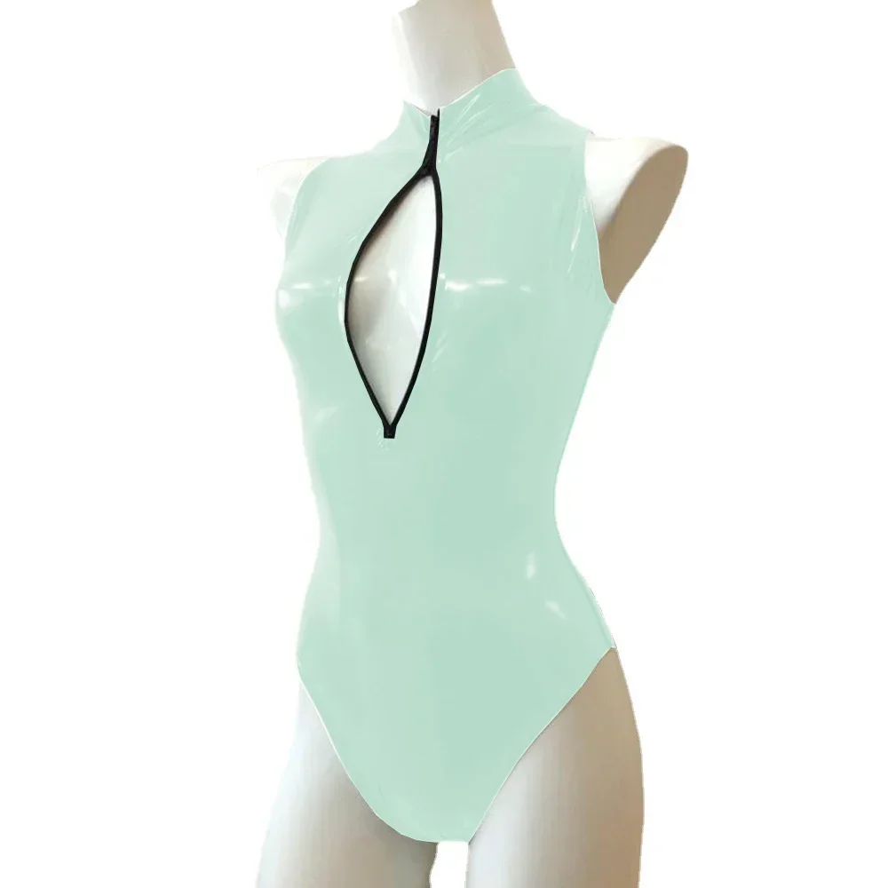 Mono Sexy con cremallera frontal y cuello alto, sin mangas, ajustado, de cuero de PVC brillante, monos para mujer, mono de baile en barra de talla grande