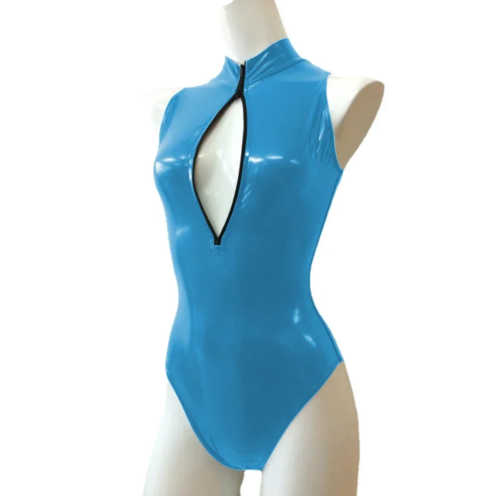 Mono Sexy con cremallera frontal y cuello alto, sin mangas, ajustado, de cuero de PVC brillante, monos para mujer, mono de baile en barra de talla grande