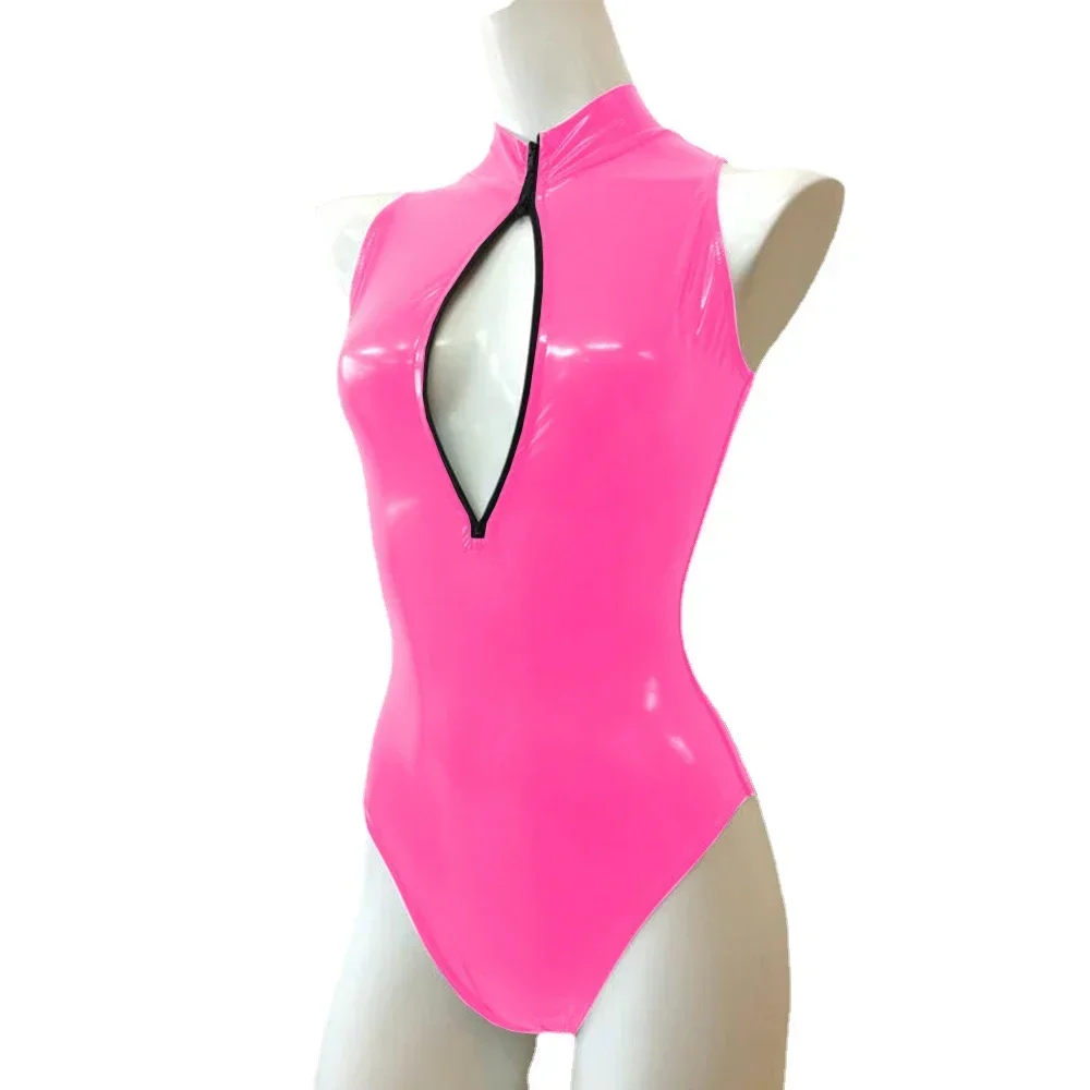 Mono Sexy con cremallera frontal y cuello alto, sin mangas, ajustado, de cuero de PVC brillante, monos para mujer, mono de baile en barra de talla grande