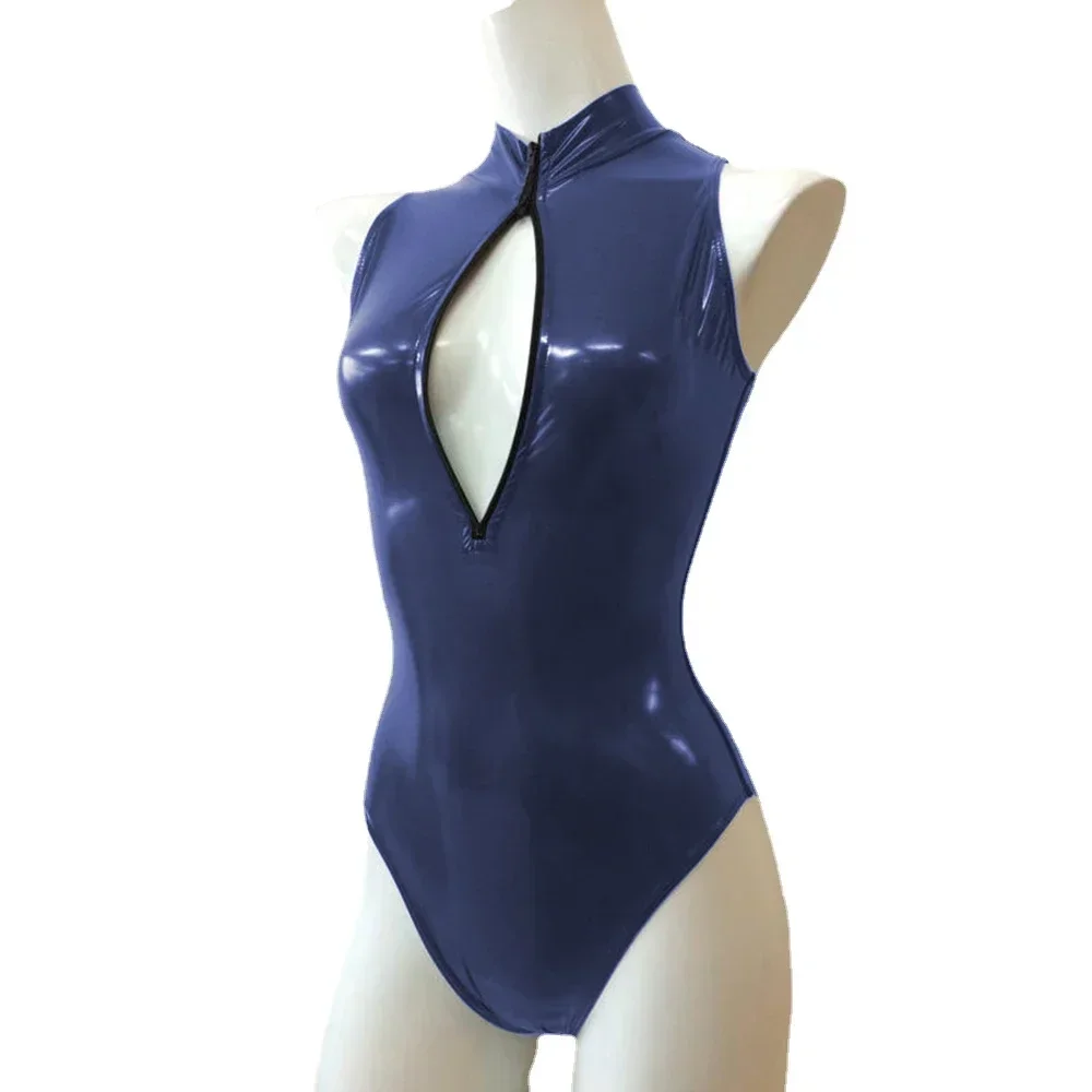 Mono Sexy con cremallera frontal y cuello alto, sin mangas, ajustado, de cuero de PVC brillante, monos para mujer, mono de baile en barra de talla grande