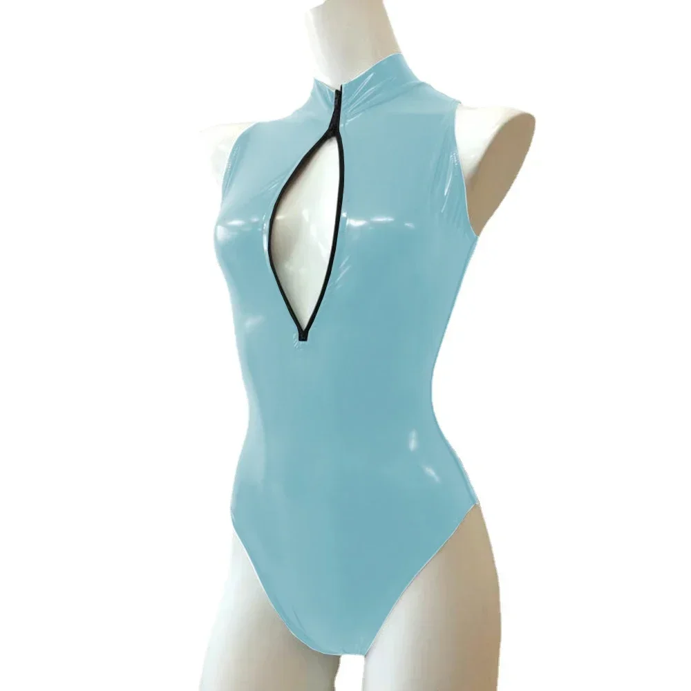Mono Sexy con cremallera frontal y cuello alto, sin mangas, ajustado, de cuero de PVC brillante, monos para mujer, mono de baile en barra de talla grande