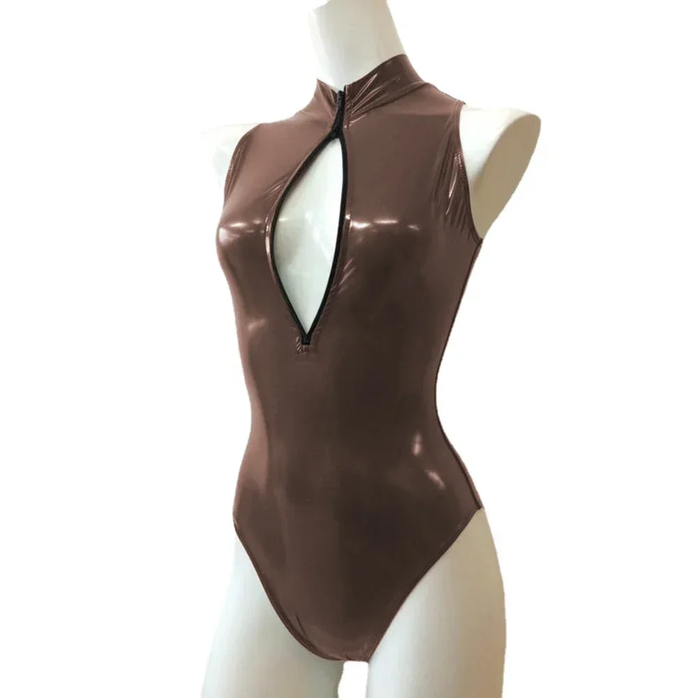 Mono Sexy con cremallera frontal y cuello alto, sin mangas, ajustado, de cuero de PVC brillante, monos para mujer, mono de baile en barra de talla grande