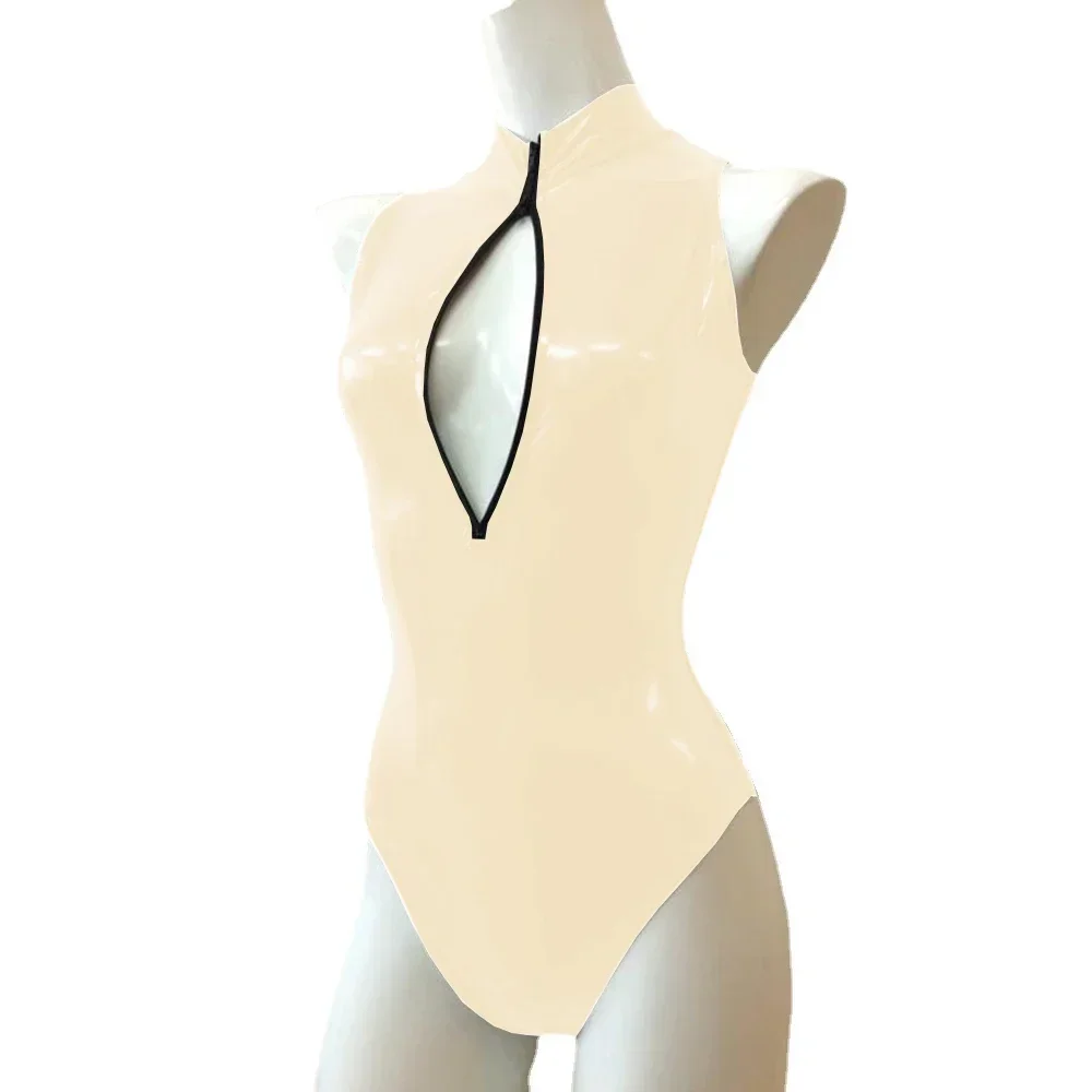 Mono Sexy con cremallera frontal y cuello alto, sin mangas, ajustado, de cuero de PVC brillante, monos para mujer, mono de baile en barra de talla grande