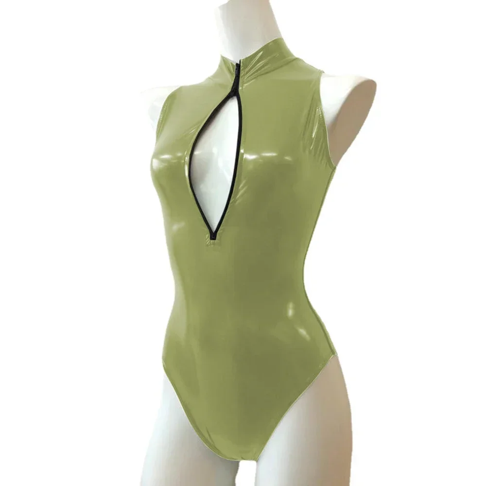 Mono Sexy con cremallera frontal y cuello alto, sin mangas, ajustado, de cuero de PVC brillante, monos para mujer, mono de baile en barra de talla grande