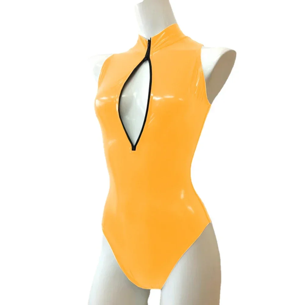 Mono Sexy con cremallera frontal y cuello alto, sin mangas, ajustado, de cuero de PVC brillante, monos para mujer, mono de baile en barra de talla grande