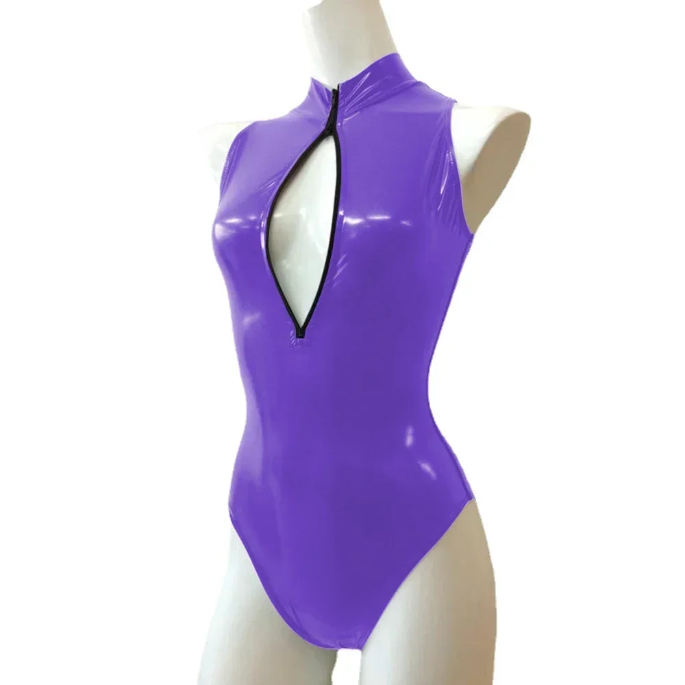 Mono Sexy con cremallera frontal y cuello alto, sin mangas, ajustado, de cuero de PVC brillante, monos para mujer, mono de baile en barra de talla grande