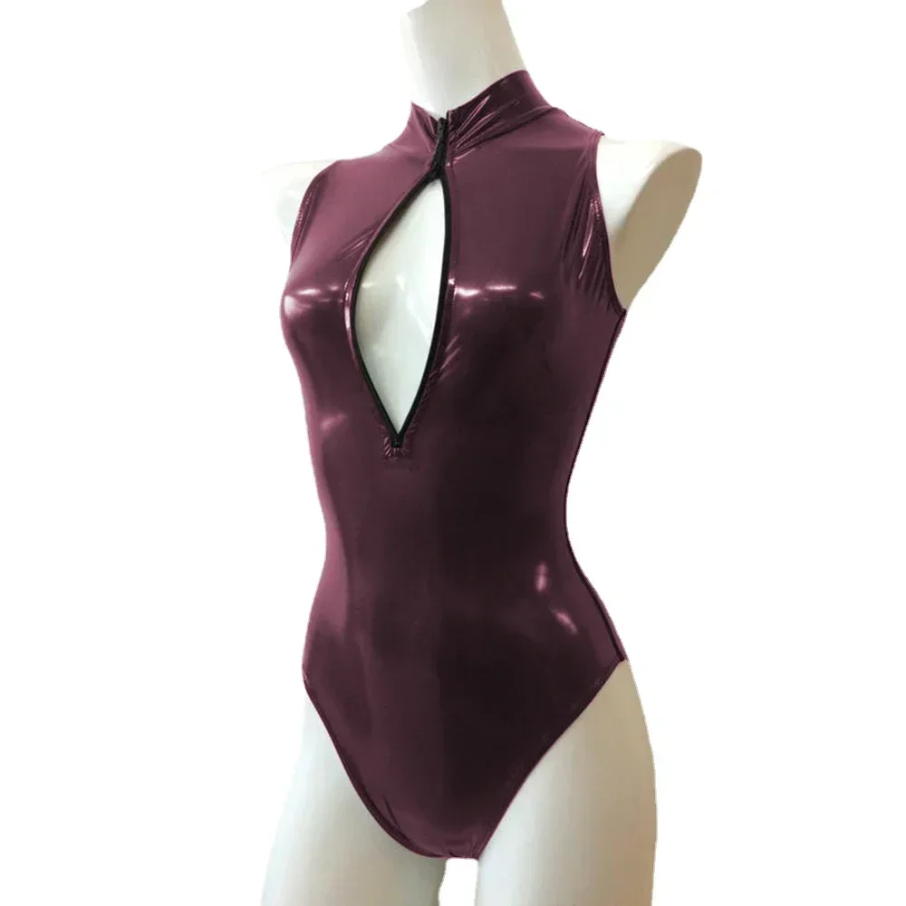 Mono Sexy con cremallera frontal y cuello alto, sin mangas, ajustado, de cuero de PVC brillante, monos para mujer, mono de baile en barra de talla grande