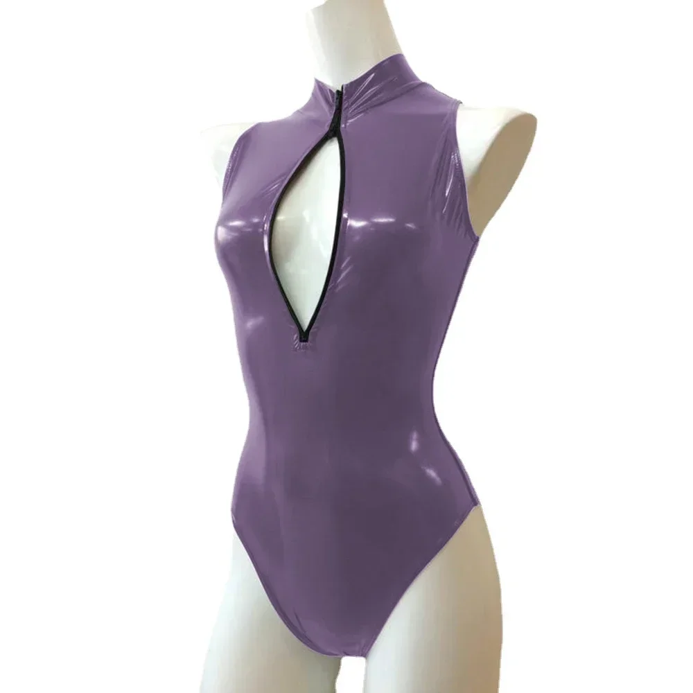 Mono Sexy con cremallera frontal y cuello alto, sin mangas, ajustado, de cuero de PVC brillante, monos para mujer, mono de baile en barra de talla grande