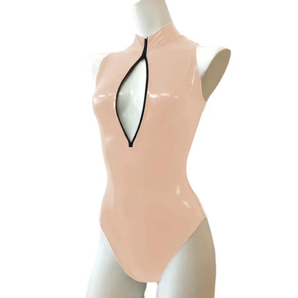 Mono Sexy con cremallera frontal y cuello alto, sin mangas, ajustado, de cuero de PVC brillante, monos para mujer, mono de baile en barra de talla grande