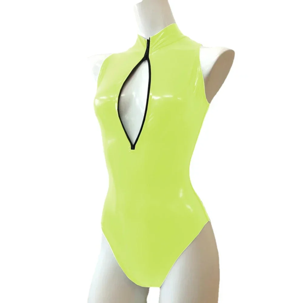 Mono Sexy con cremallera frontal y cuello alto, sin mangas, ajustado, de cuero de PVC brillante, monos para mujer, mono de baile en barra de talla grande